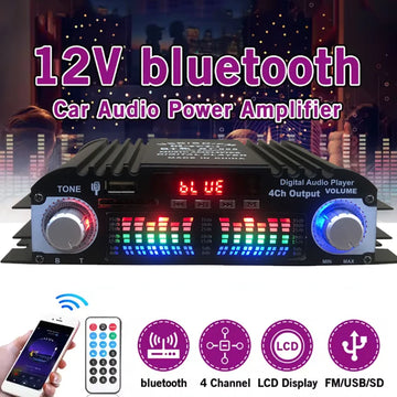 12V/220V Mini Bluetooth HiFi Power Amplifiers Stereo Car Home Audio Digital Sound Amplifier LCD Display FM SD USB Bass
