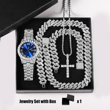 Quartz Watch Set Gift Box Cuban Necklace Bracelet Cross Classic Full Diamond Watch Shining Luxury Gift giving Festival Chain Hip
