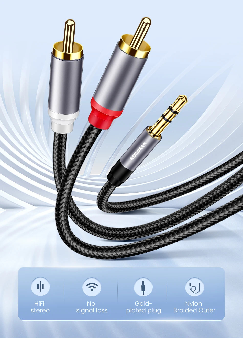 Rocoren RCA Cable 3.5mm to 2RCA Splitter 3.5 Jack to 2 RCA Male Audio Wire for Amplifiers HiFi Stereo Home Theater Speaker Cord