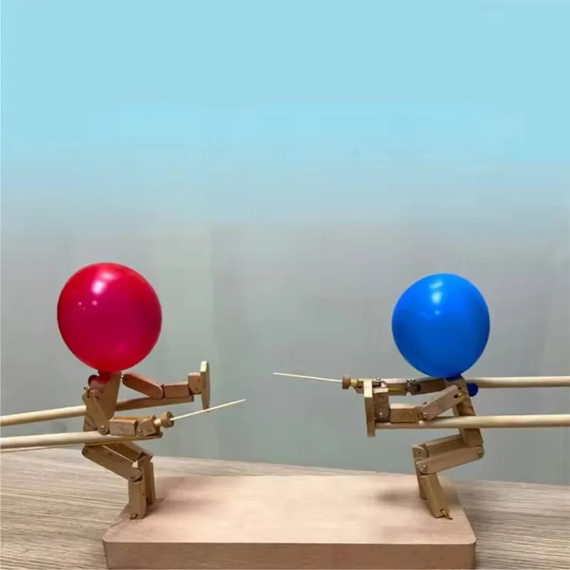 Handmade Wooden Balloon Battle Game for Two Players Fast-Paced Bamboo Man Fencing Puppets Wooden Bots Battle Game