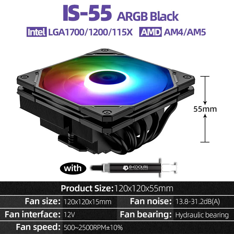 ID-COOLING IS-55 5Heatpipe CPU Cooler Down Pressure Air Cooling Radiator for LGA1200/1700/115X AM4 AM5 Mini ITX Compact Platform