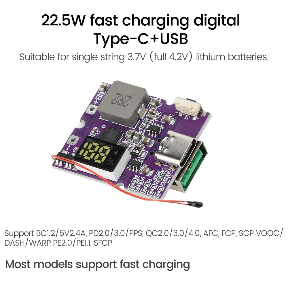 22.5W Power Bank Bidirectional Fast Charging Mobile Power Module Circuit Board With Digital/Light Type-C USB Suppor PD/QC3.0 2.0