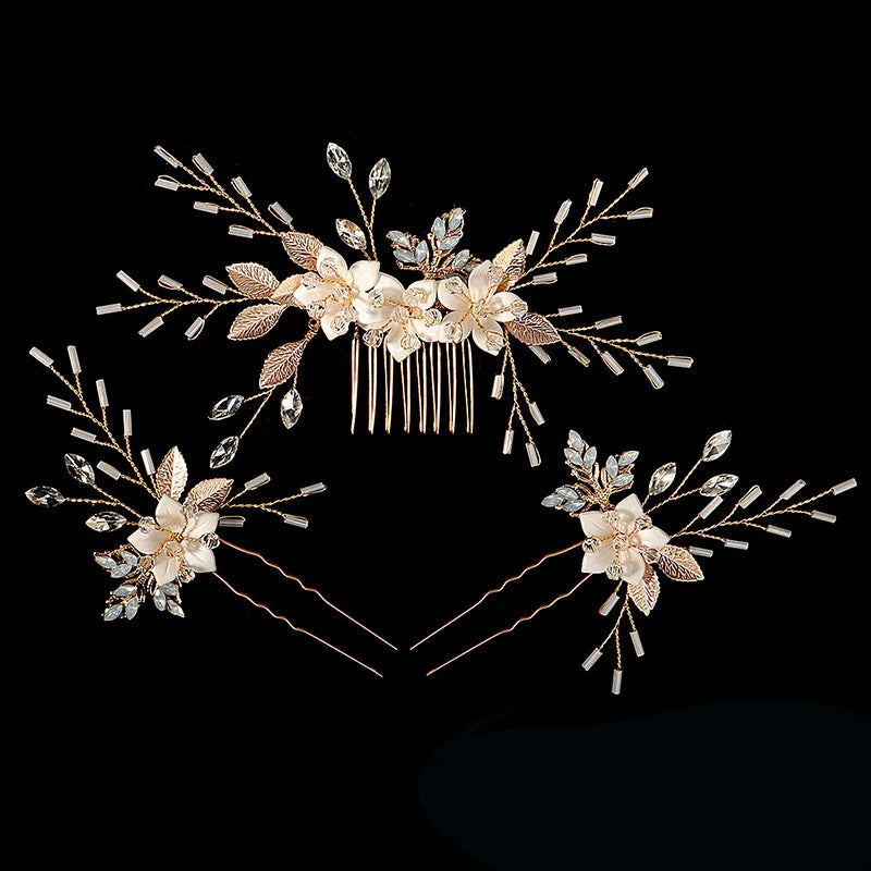 Luxury Pearls Wedding Flower Hair Comb Bride Hair Pins Clips Set Cute Hair Fork Headpieces for Women Jewelry Gift Hair Accessory
