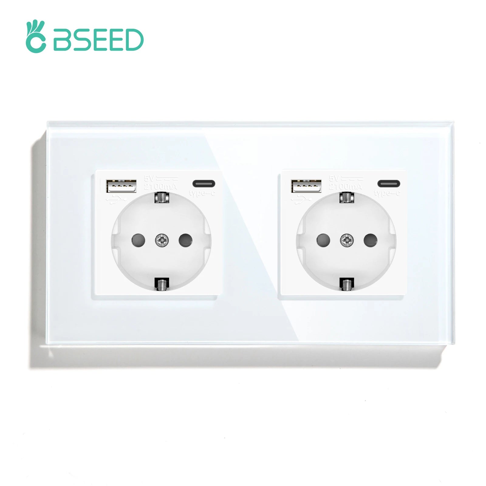 BSEED Touch Light Switch With EU Power Wall Sockets White Wall Led Switches 1/2/3Gang 1Way Crystal Glass Panel Dark Backlight