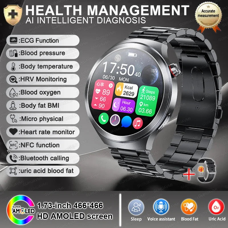 2026 New Sapphire Glass Health Trackr Uric Acid Blood Fat Smart Watch Blood Pressure ECG+PPG Clock Body Analysis Smartwatchs Men