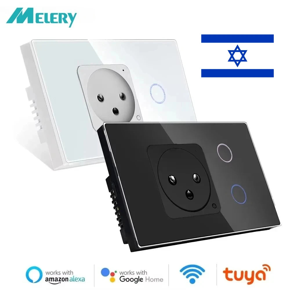 Melery Israel Wall Socket Wifi Smart Light Switch Tuya Plug Electrical Outlet Touch Glass Panel Intelligent Alexa Google Home