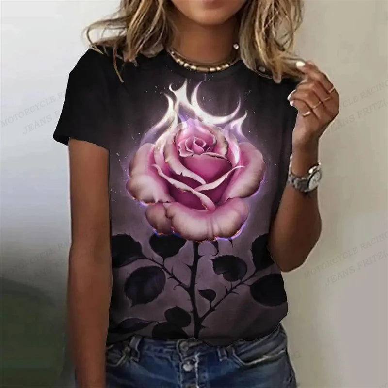 Golden Rose 3d Printed Tshirt Pretty Women's Clothing Female Harajuku Floral Print Tops Tees Ladies O-Neck Short Sleeve T Shirt