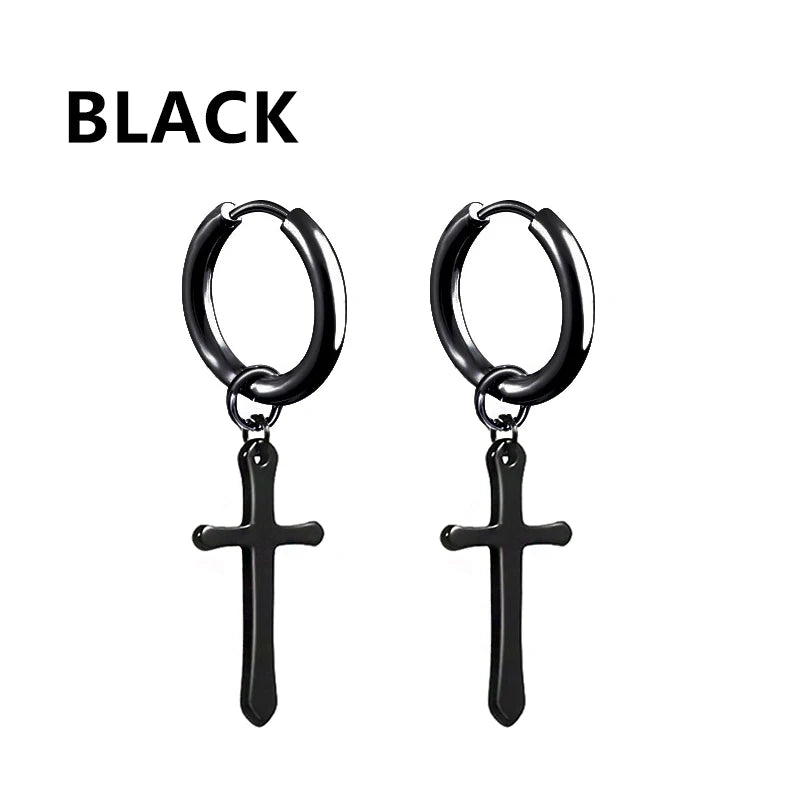 1/16 pairs Black Punk Stainless Steel Women Men Hoop Earrings Small Trendy Round Cross Pendants Jewelry Accessories Earrings