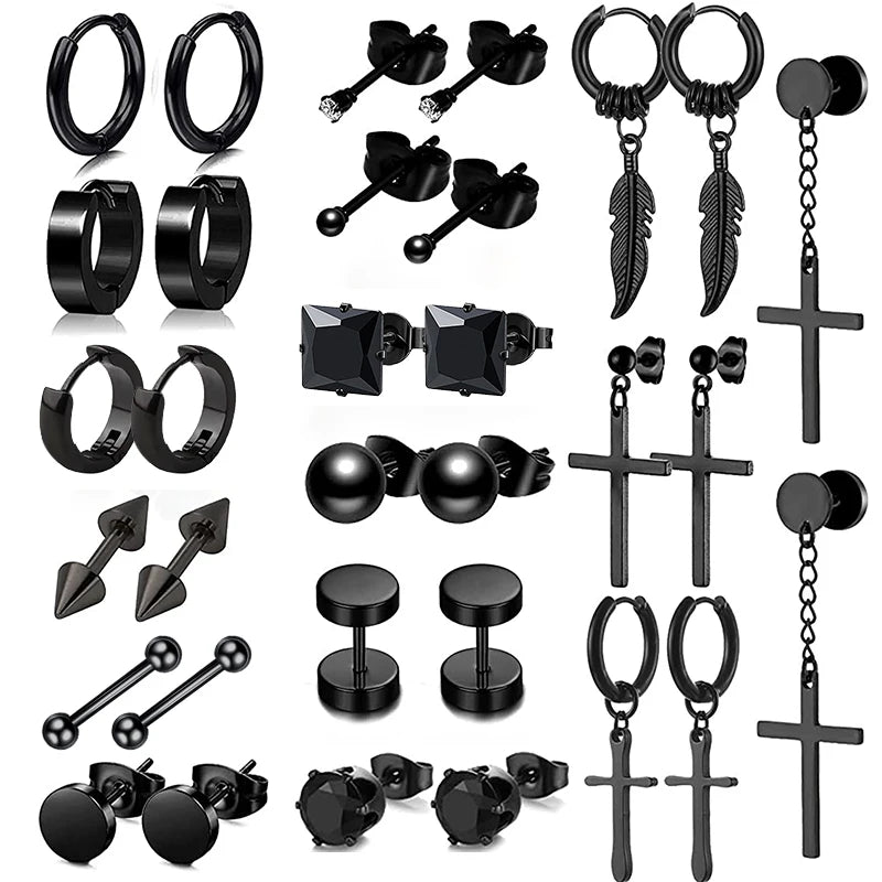 1/16 pairs Black Punk Stainless Steel Women Men Hoop Earrings Small Trendy Round Cross Pendants Jewelry Accessories Earrings