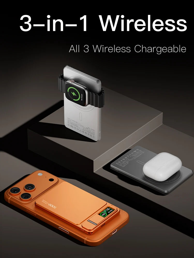 3 In 1 Magnetic Powerbank 15W Wireless Fast Charing With Intelligent TFT Screen External Battery For iPhone 12-17  Watch Airpod