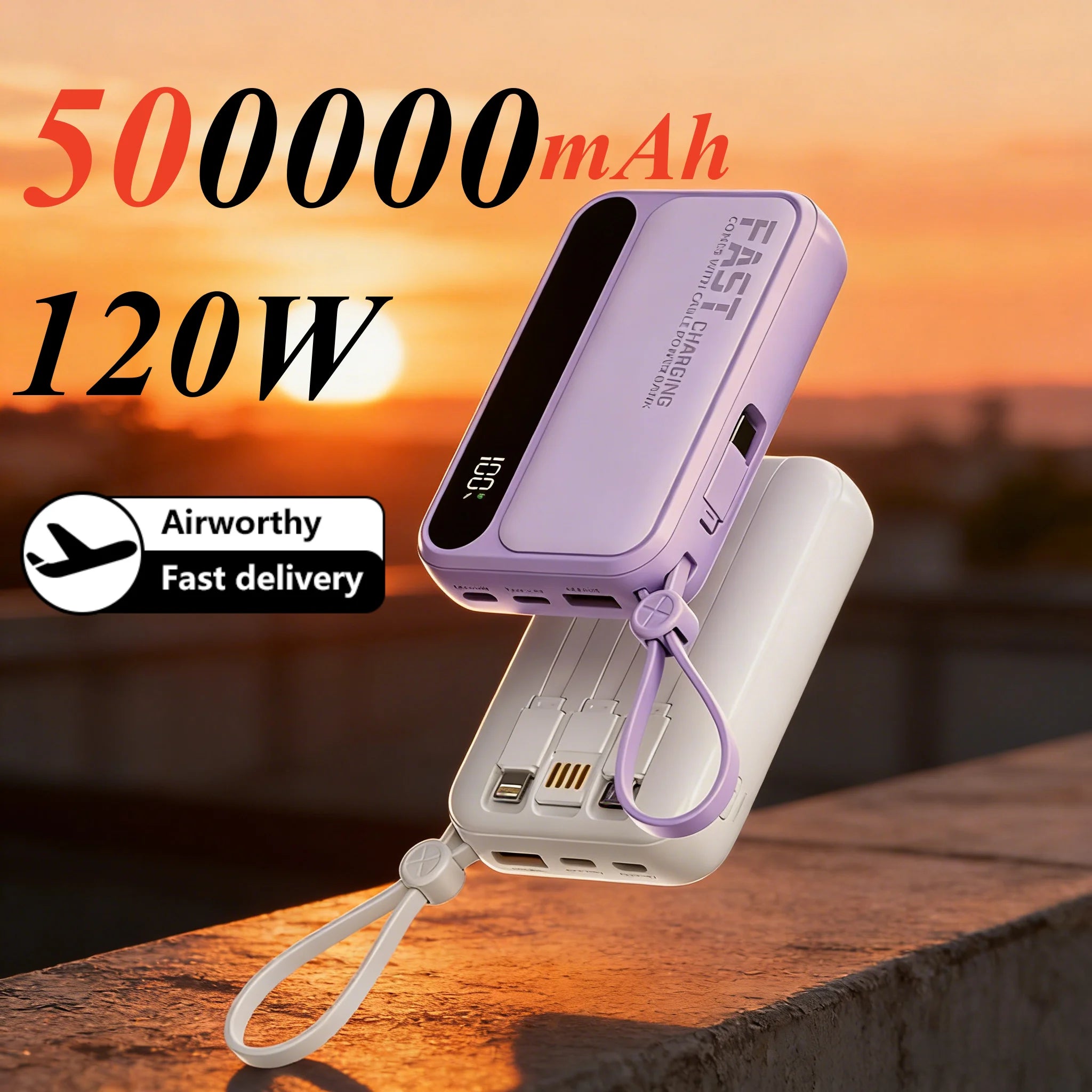 Large Capacity 500000mAh Power Bank 120W 4-in-1 Cables Intelligent Digital Display Portable  Powerbank for iPhone