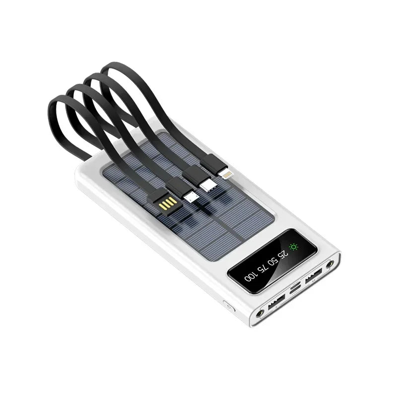 New 20000mAh Solar Power Bank Large Capacity Mobile Power Fast Charging Battery with Dual USB 4 Cables for IPhone Samsung Xiaomi