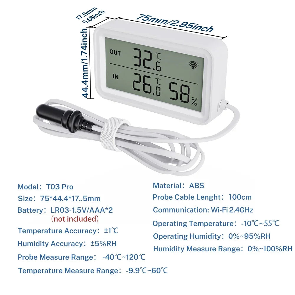 Tuya WiFi Temperature Humidity Sensor LCD Screen Thermometer with External Probe Compatible with Smart Life Google Assistant