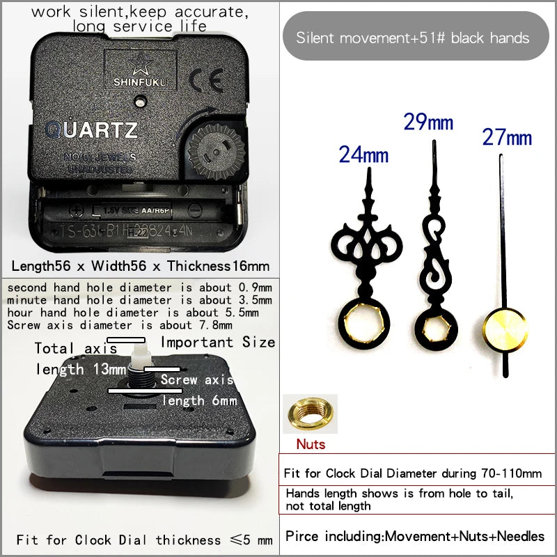 Clock Mechanism With Hands Silent Plastic DIY Accessory Kits Sweep Quartz Movement