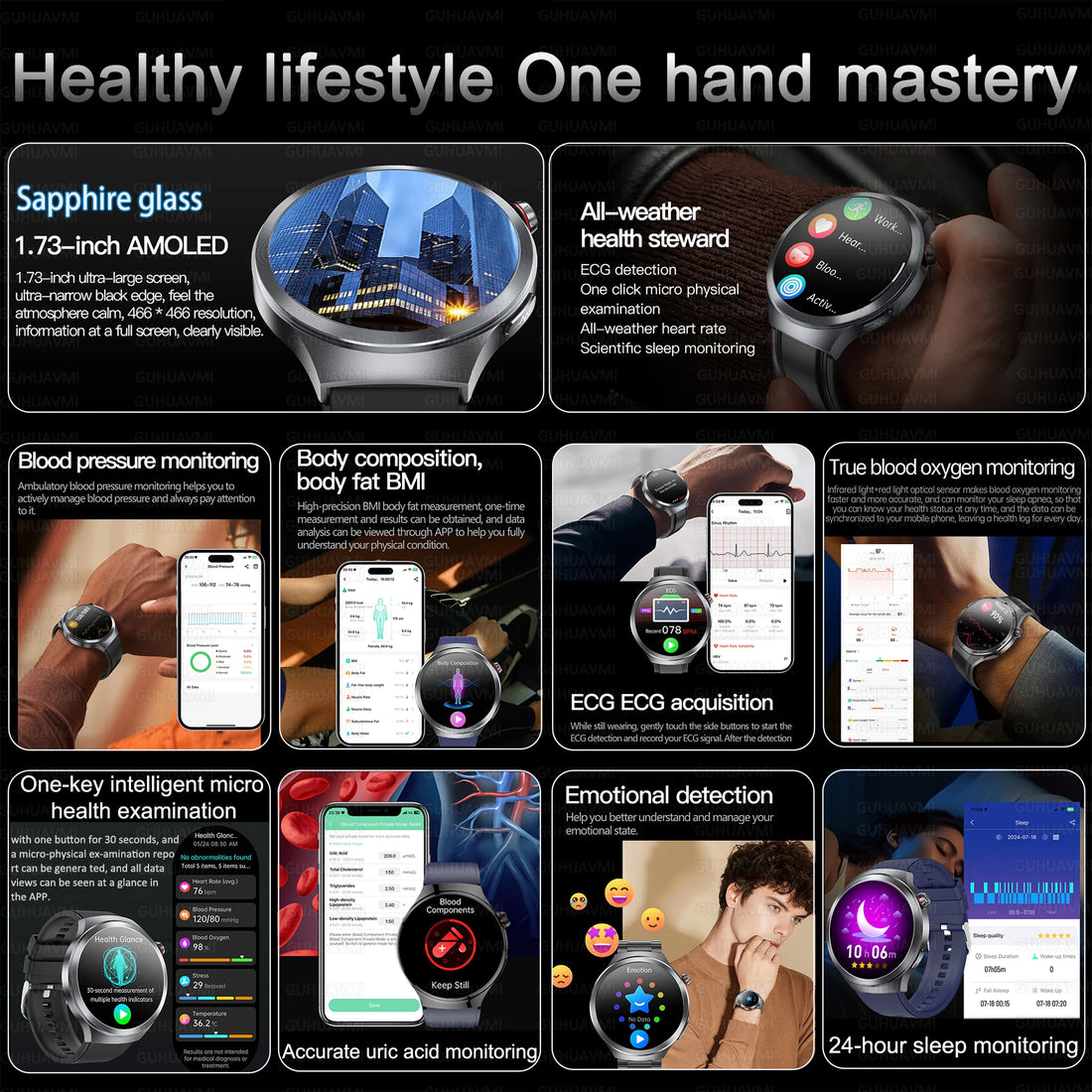 2026 New Sapphire Glass Health Trackr Uric Acid Blood Fat Smart Watch Blood Pressure ECG+PPG Clock Body Analysis Smartwatchs Men