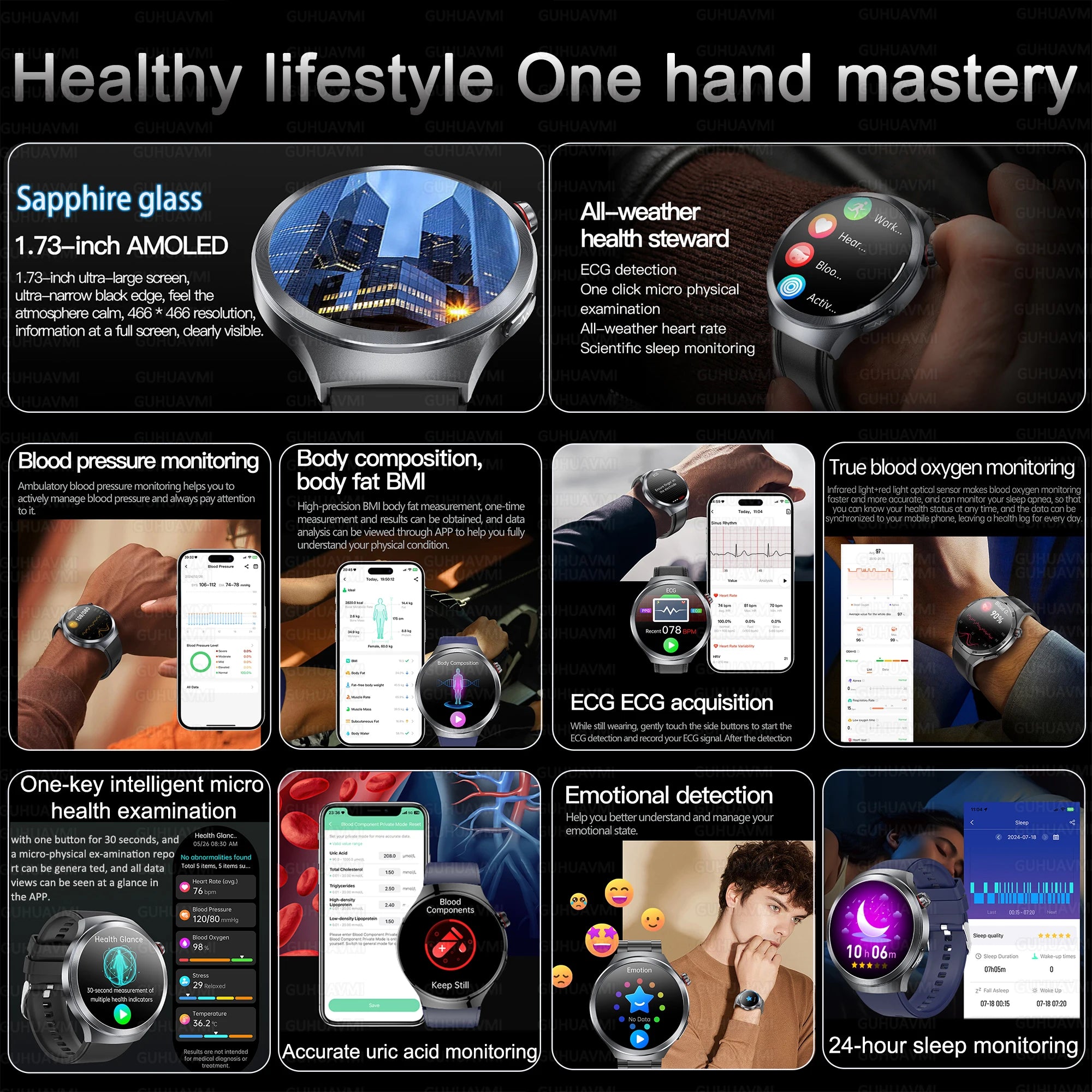 2026 New Sapphire Glass Health Trackr Uric Acid Blood Fat Smart Watch Blood Pressure ECG+PPG Clock Body Analysis Smartwatchs Men