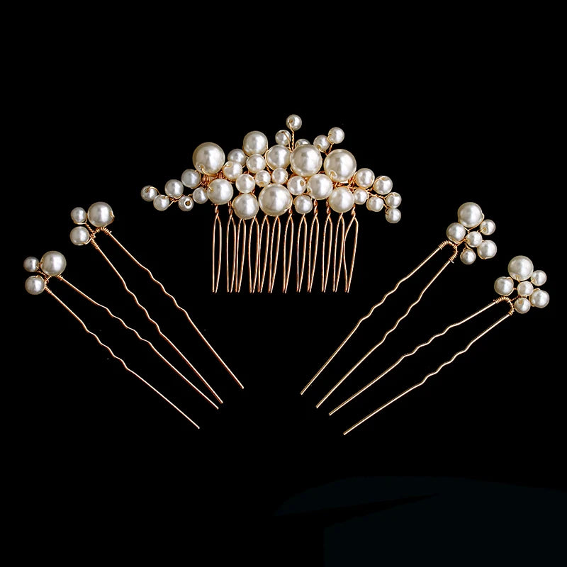 Luxury Pearls Wedding Flower Hair Comb Bride Hair Pins Clips Set Cute Hair Fork Headpieces for Women Jewelry Gift Hair Accessory