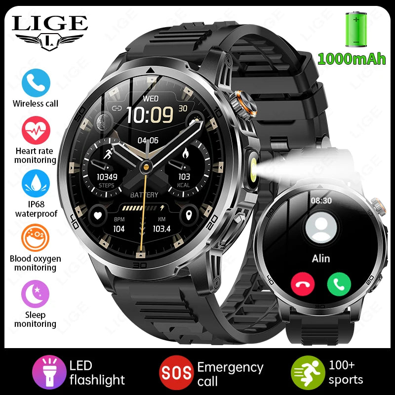 LIGE Military Grade 1000mAh Battery Smart Watch Men Flashlight SOS Red Light Sports Watches Waterproof Bluetooth Call Smartwatch