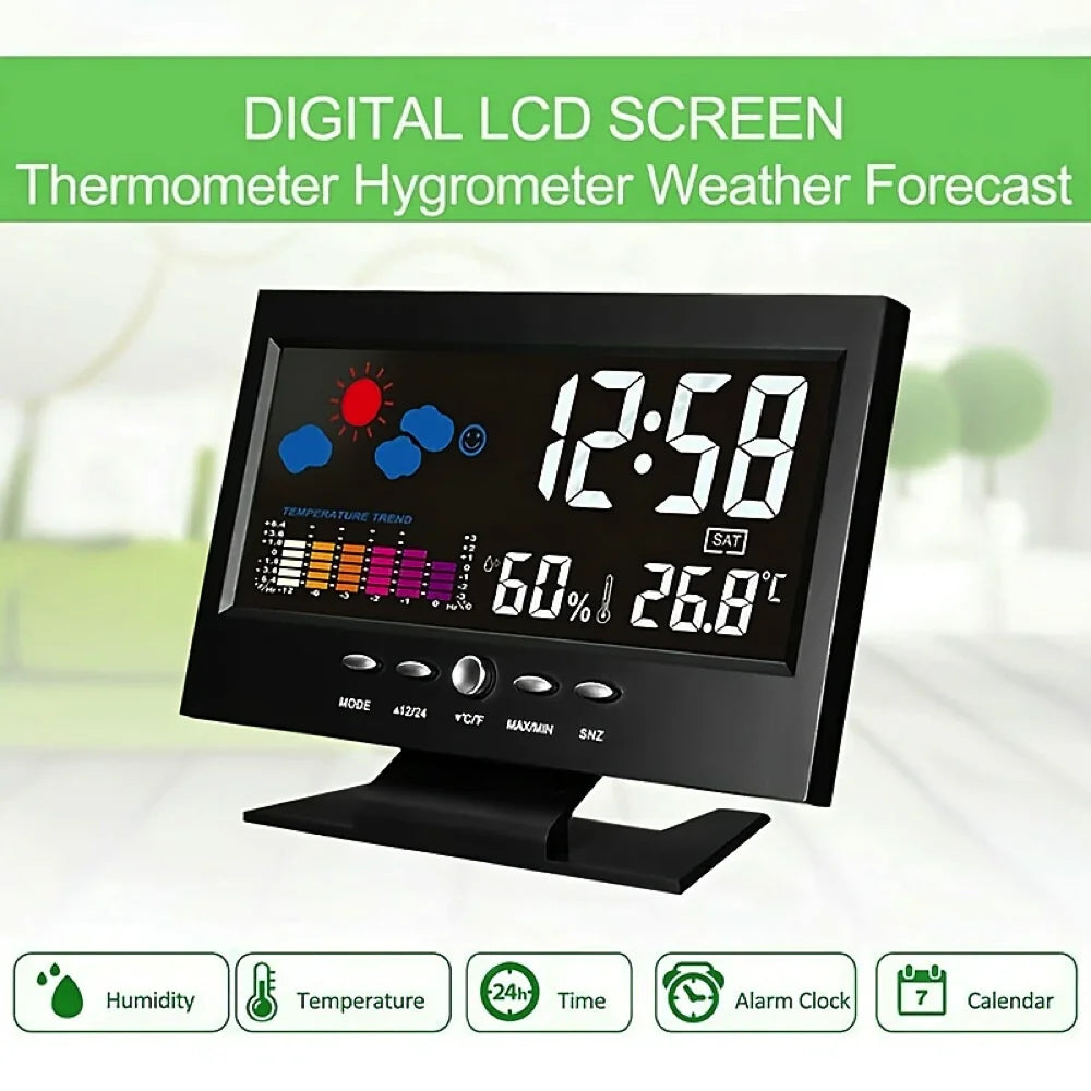Weather Clock With Time Date Week Temperature Humidity Display Weather Forecast Function With Voice-activated Backlight Function