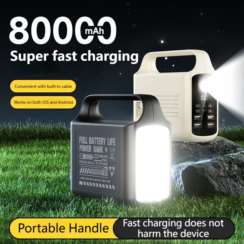 200000mAh Power Bank Large Capacity Portable Outdoor Emergency Power Supply Built-in cable Camping Iight For iPhone Xiaomi