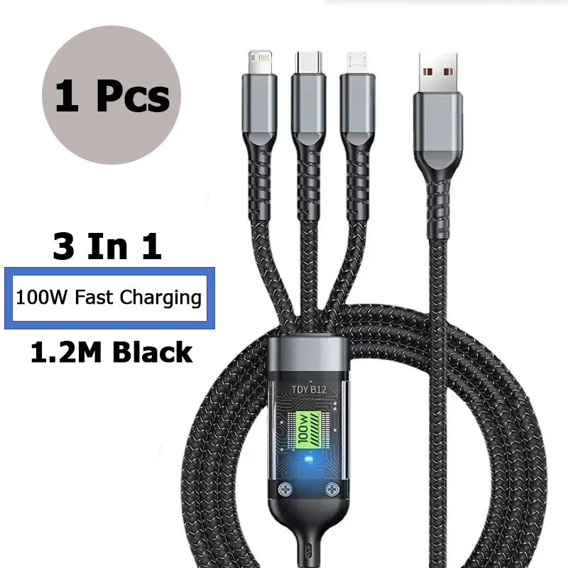 3 In 1 100w Transparent Fast Charging Cable Lightning Type C Micro USB For Iphone Samsung Huawei Xiaomi Tablet Charger Cables