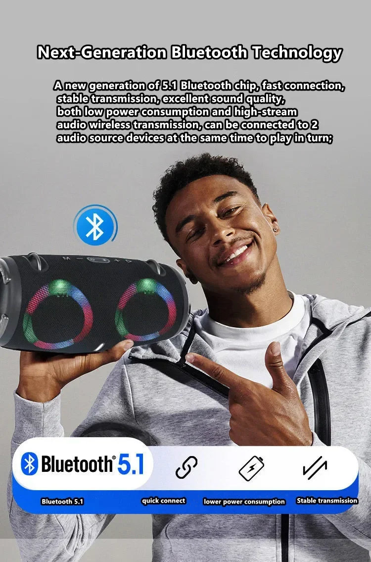 30W high power bluetooth speaker portable RGB colorful light waterproof wireless subwoofer 360 stereo surround TWS FM boombox