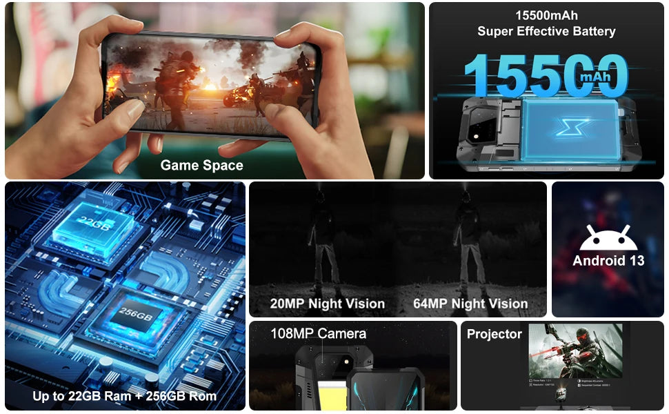 Unihertz TANK 2 Projector phone 22GB 256/512GB 32MP 108MP 64MP Night Vision Double Camping Light 15500mAh G99 Support TF SD NFC