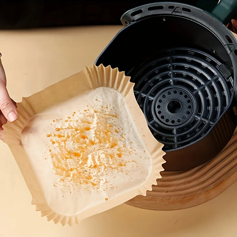 100 non-stick air fryer liners - high-quality single-layer paper with grooved edges, ensuring safe cooking, easy cleaning