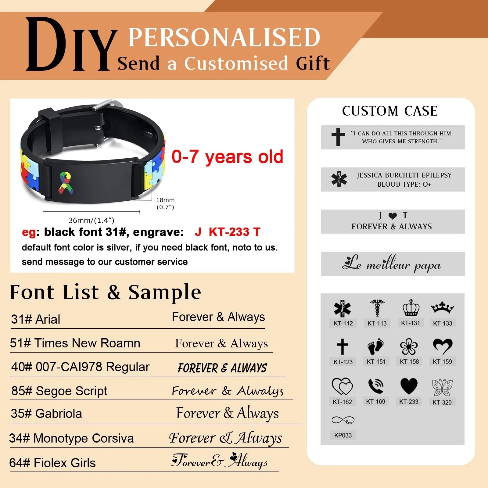 Personalized Autism Medical Alert ID Bracelet, Custom Engraved Emergency Silcone Wristband for little Girls Boys ( 0-7 years)