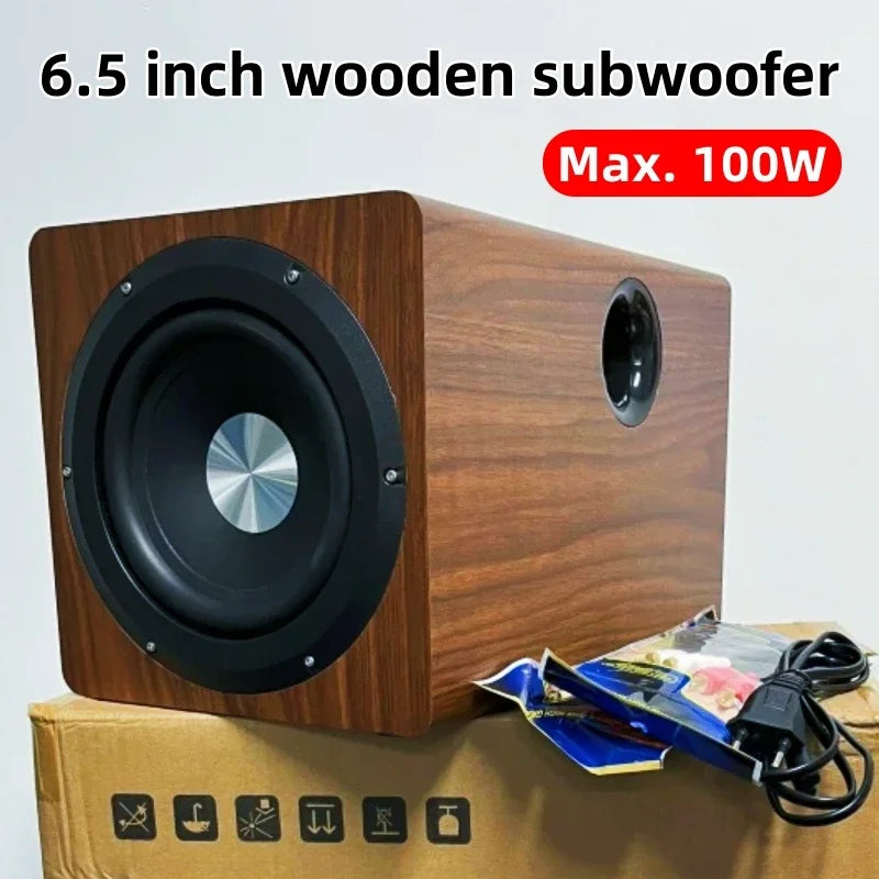 100W Active Subwoofer 6.5 Inch Wooden Pure Bass for Audio Input Amplifier Home Theater Speakers Stereo Strong Bass Music Player
