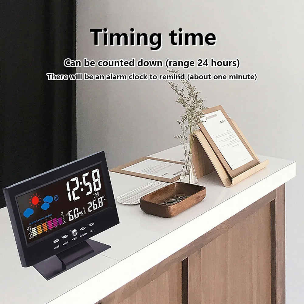 Weather Clock With Time Date Week Temperature Humidity Display Weather Forecast Function With Voice-activated Backlight Function