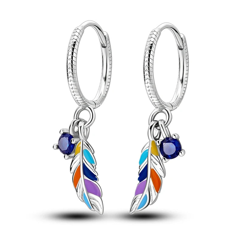 925 Sterling Silver Earrings Bohemian Colorful Feather Hoops Earrings With Zircon for Women Wedding Party Fashion Jewelry Gifts