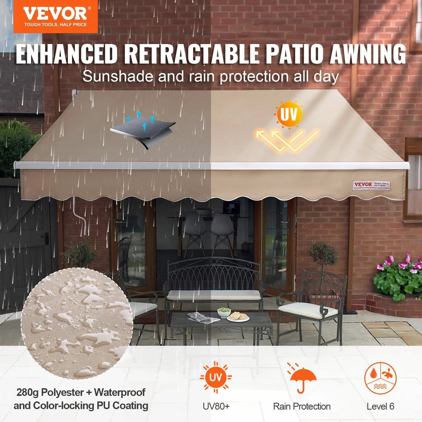Manual Retractable Awning, 10 x 8 ft Outdoor Patio Awning Retractable Sun Shade, Water-Resistant Polyester Patio Door Window Awn