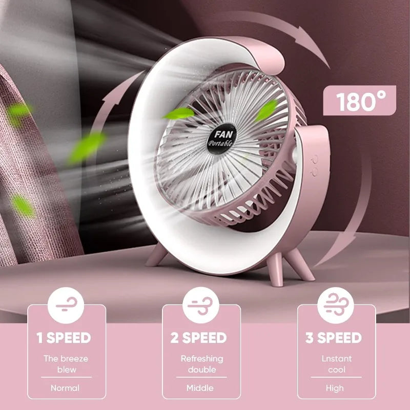 5 Inch Portable Desk Fan with LED Light 3 Speed Silent Fan USB Rechargeable Battery Powered for Home Office Outdoor Camping