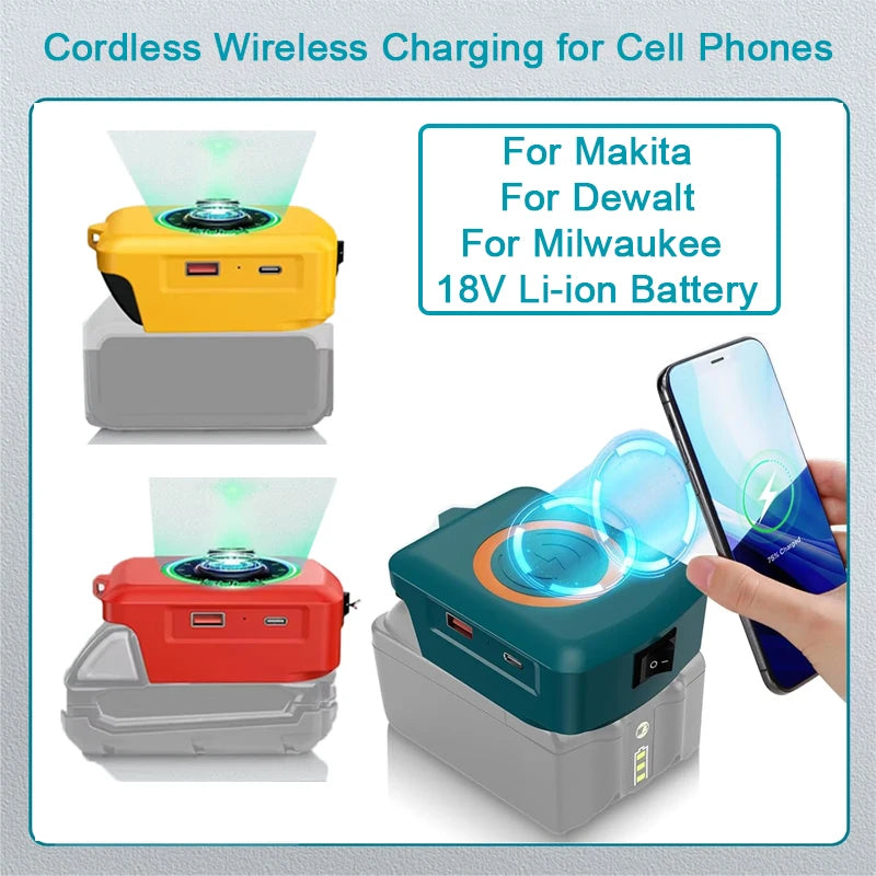 For Makita/Dewalt/Milwaukee 18V Li-ion Battery Wireless Phone Charger USB Adapter With Type-C Charge Port Portable Power Bank