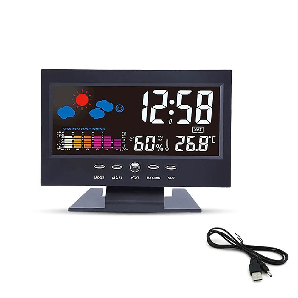 Weather Clock With Time Date Week Temperature Humidity Display Weather Forecast Function With Voice-activated Backlight Function