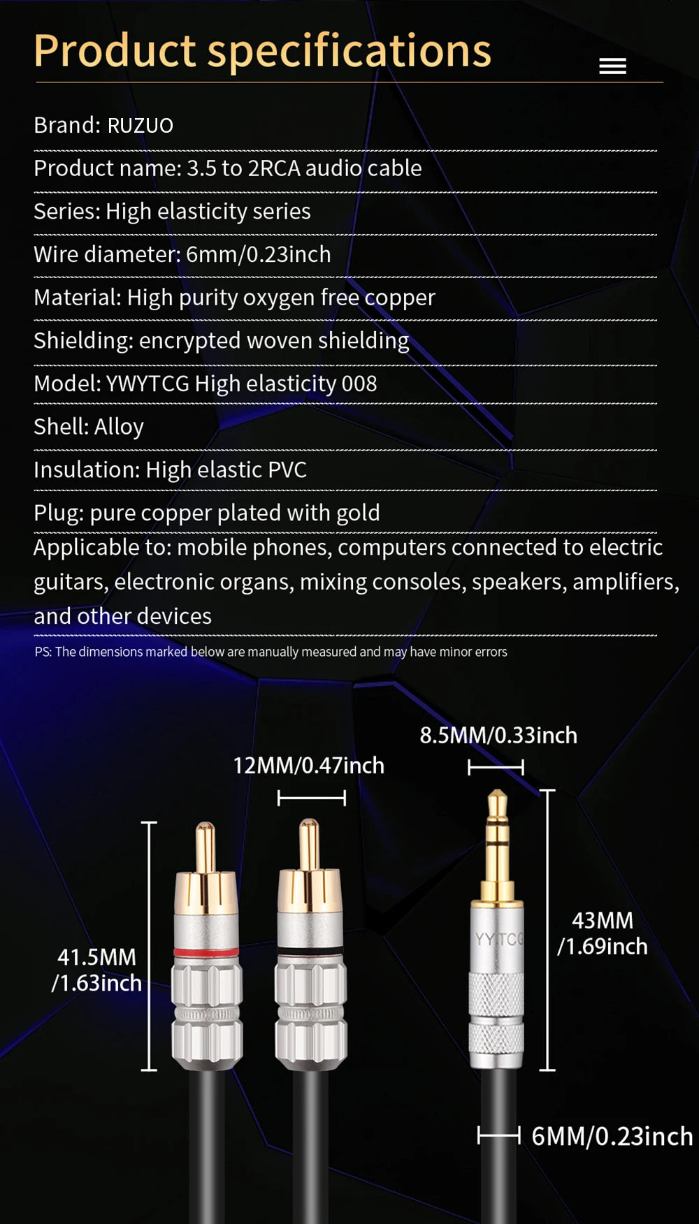 RCA Cable HiFi Stereo 3.5mm to 2RCA Audio Cable AUX RCA 3.5 Jack Splitter for Amplifiers Audio Home Theater DVD Speaker Cord