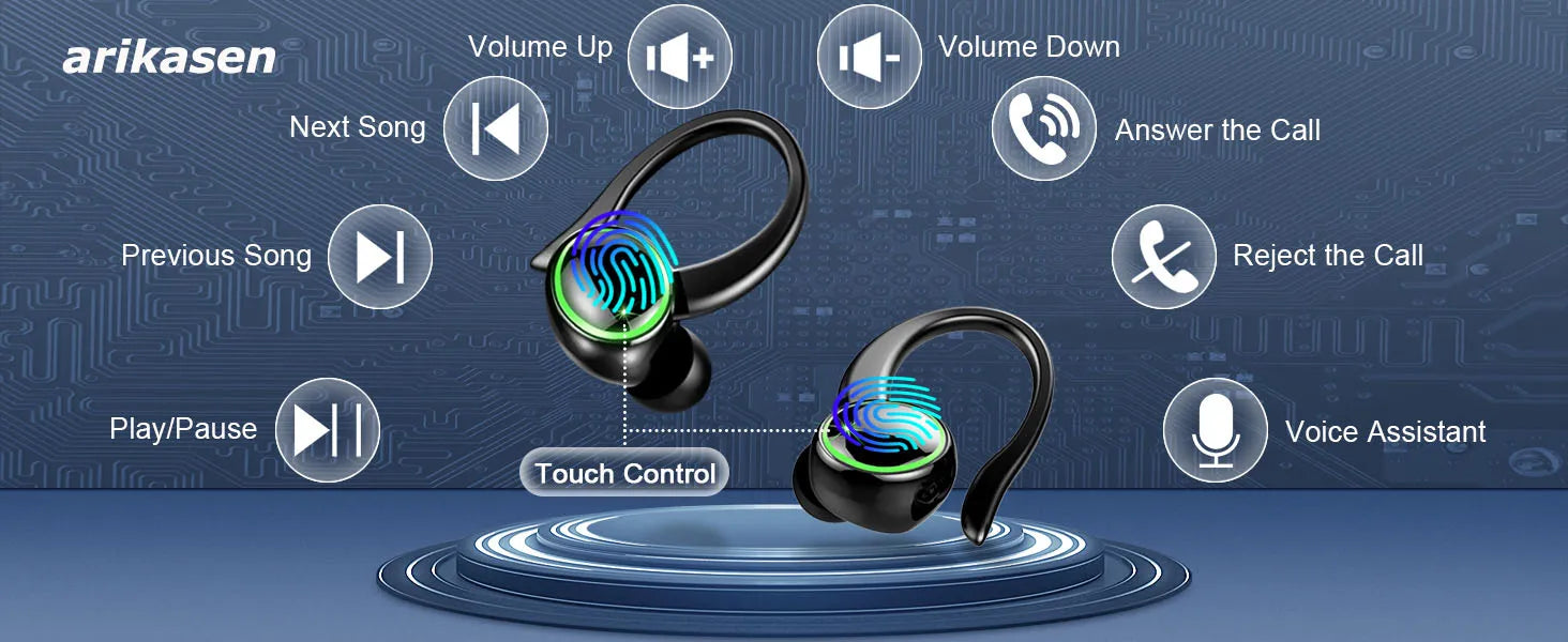 Headphones Bluetooth 5.3 Wireless Bass Stereo Over Ear Earbuds ENC Noise Cancelling Mic with Earhooks 48H Playback LED Display