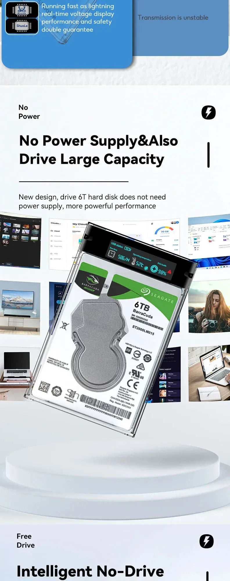 Smart Display HDD Case 2.5 Inch Transparent HDD Enclosure SATA to USB 3.0 External Shell SATA HDD SSD Storage Case for Laptop PC