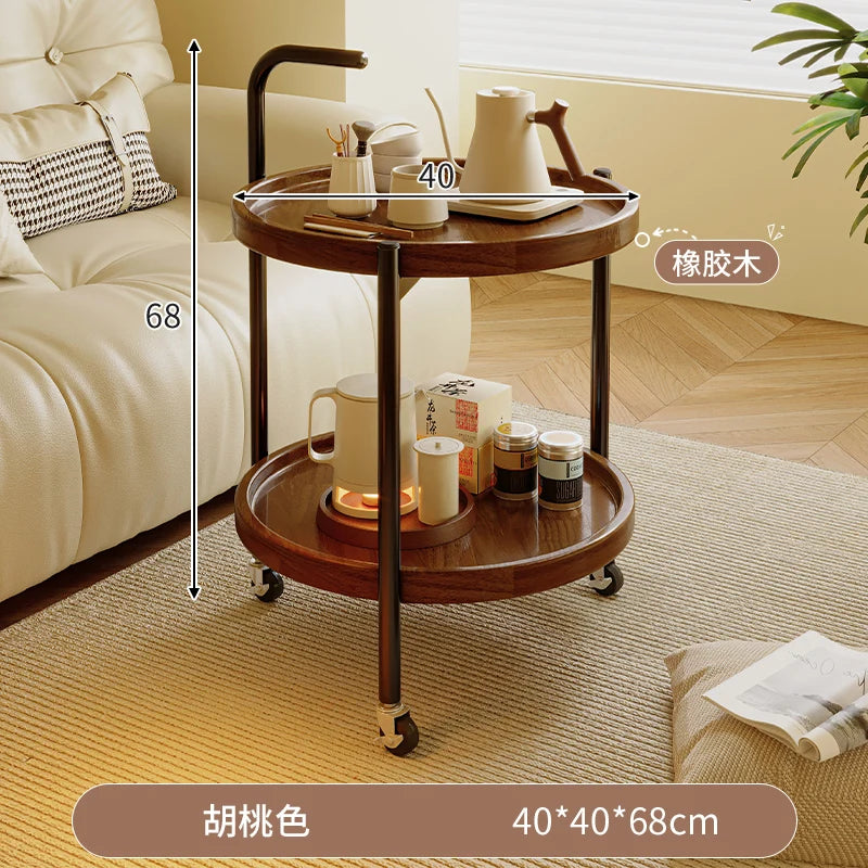 Solid Wood Rolling Cart Table Movable Side Wheels Compact Wooden Tea Trolley Living Room Portable Coffee Bedroom Bedside Storage