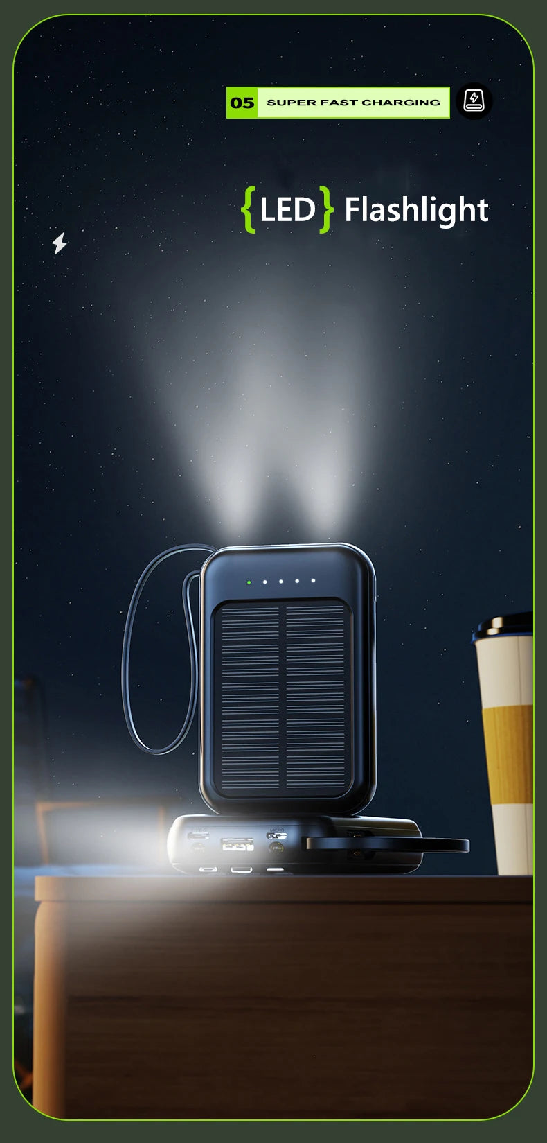 50000mAh Solar Power Bank Built Cables Solar Charger Poverbank 2 USB Port External Charger Mobile Phone Powerbank with LED Light