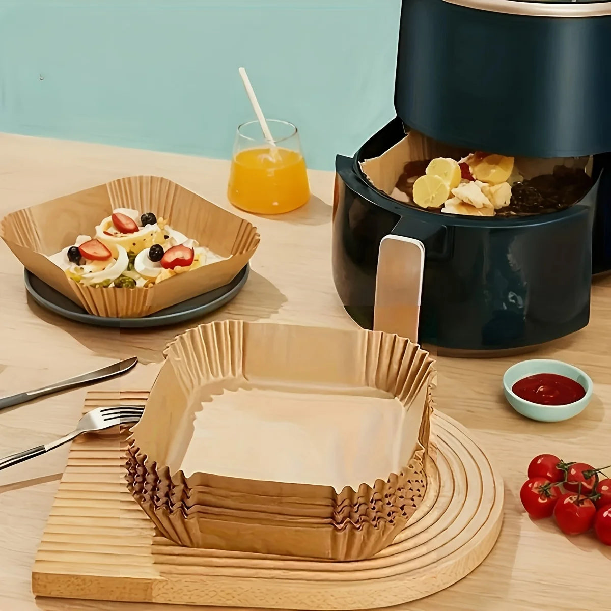 100 non-stick air fryer liners - high-quality single-layer paper with grooved edges, ensuring safe cooking, easy cleaning