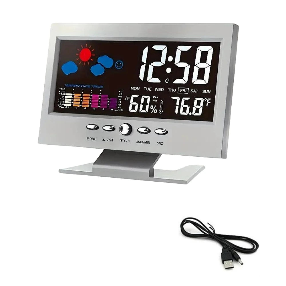 Voice Control Backlight Digital Weather Clock Date Week Temperature Humidity Weather Forecast 12/24H Electronic Clock