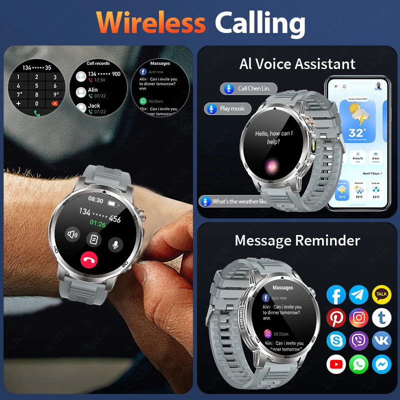 LIGE Military Grade 1000mAh Battery Smart Watch Men Flashlight SOS Red Light Sports Watches Waterproof Bluetooth Call Smartwatch