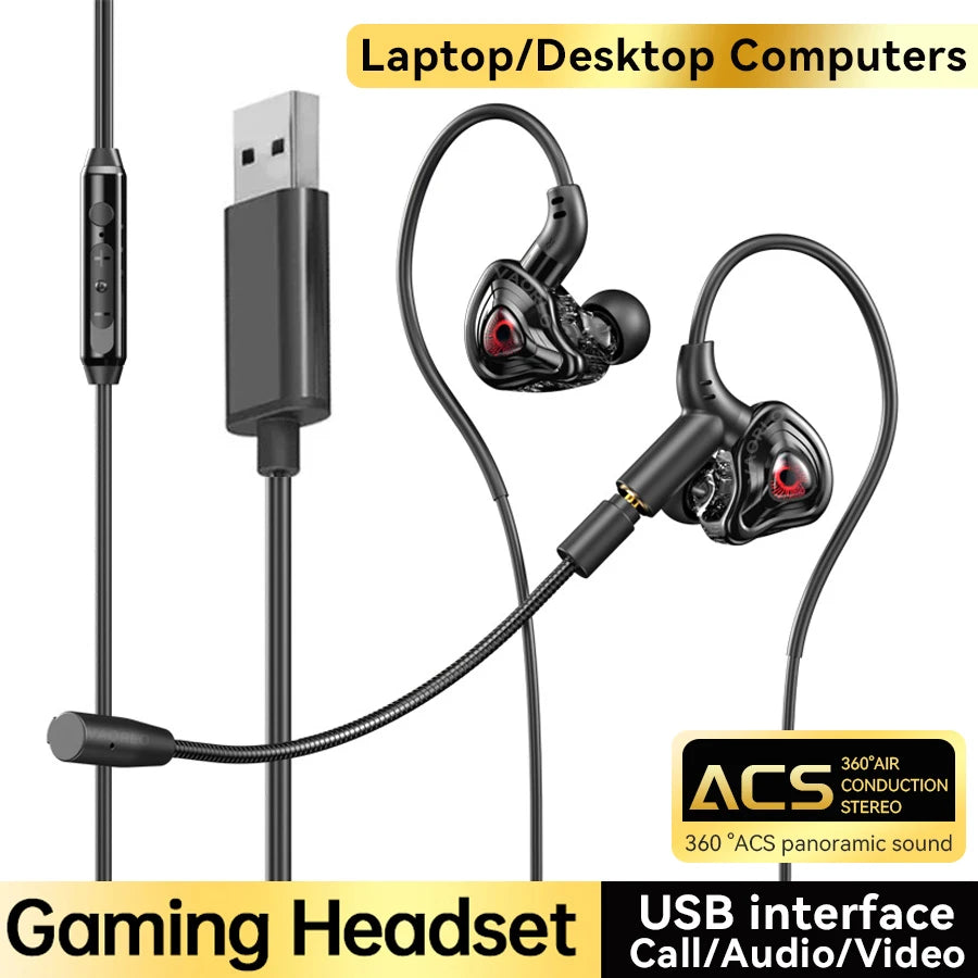 Esports Gaming Headset 360° Surround Sound Hifi Stereo Wired Earphones 3.5mm/Type-C/USB In-Ear Dual Micrphone PUBG Gaming Earbud