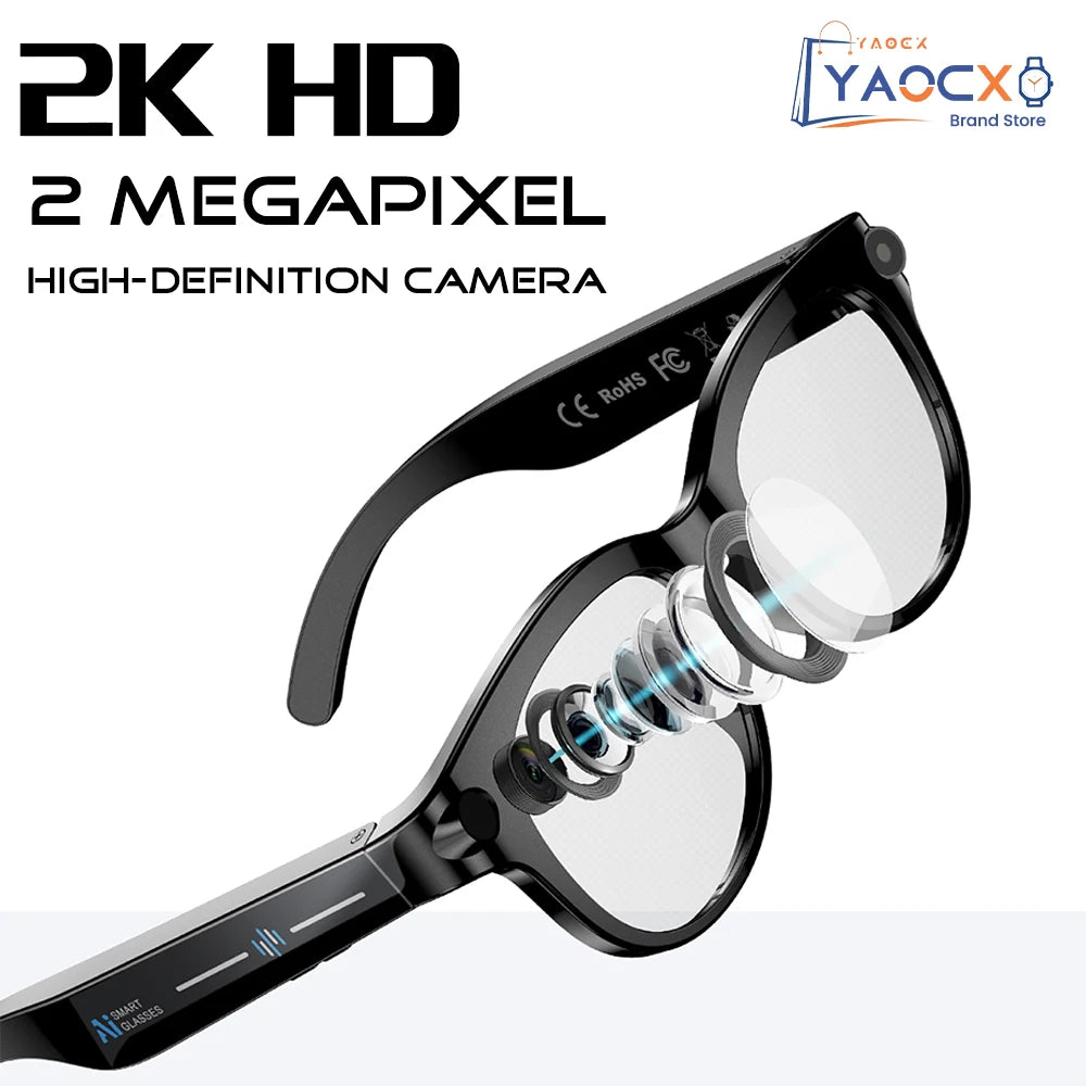 2026 AI Smart Glasses for Men Women 200W HD Camera 1080P Video AI Voice Assistant Translation Music Playback LED Flashlight