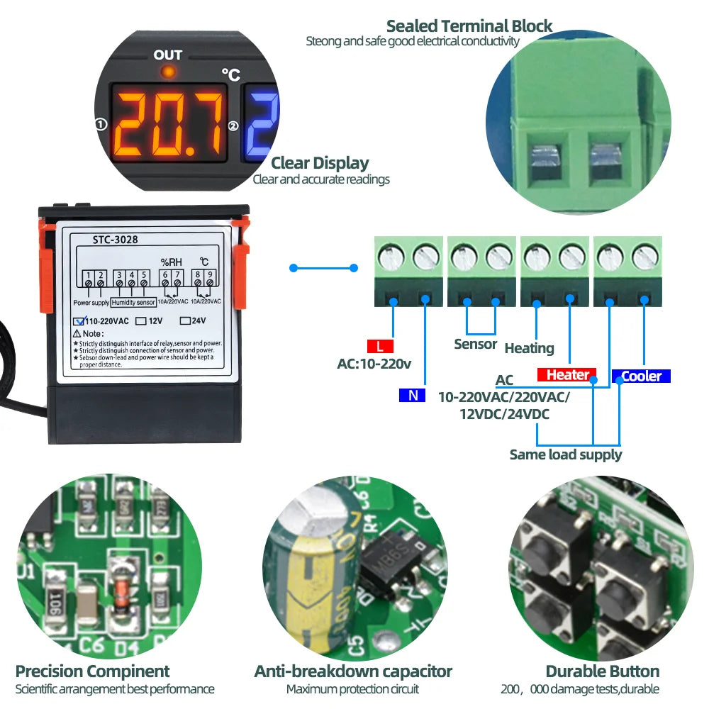 Digital Thermostat STC-3028 Temperature Humidity Controller Thermostat Humidistat Thermometer Hygrometer Control Switch 12V 220V