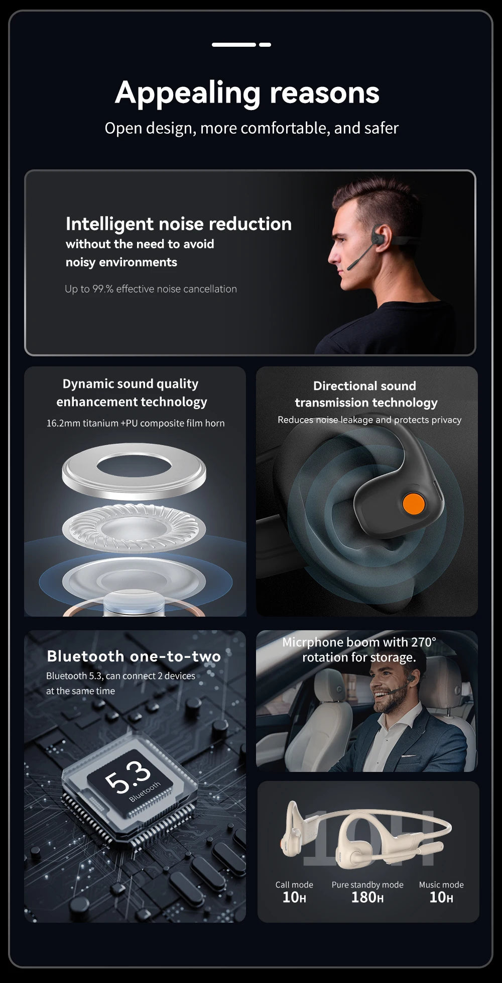 Comfortable Wearing Open-Air Conduction Bluetooth Headset Noise Reduction Mic HD Call for Driving Phone Office Use