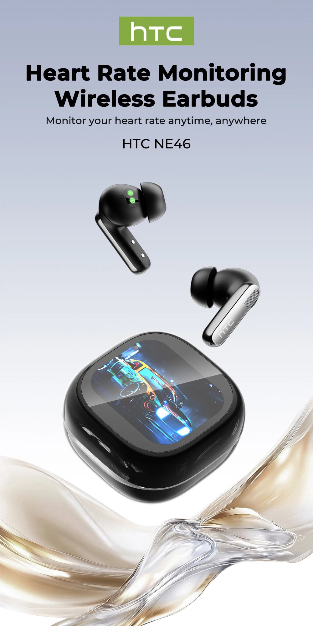 Bluetooth Headphones HTC Wireless Earphones Full HD LCD Display Earpiece Noise Canceling Earbuds Comfortable for Music Sport