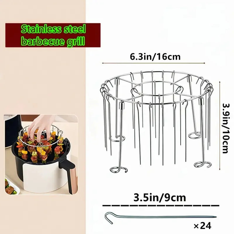 Air Fryer Grill Set: 304 Steel Vertical Grill + 24 Skewers. Grill kabobs evenly indoors/outdoors. Fits 3-6QT models.